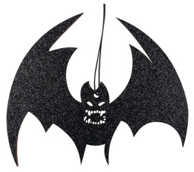 5178 Netopýr Halloween dřevěný s černým glitrem na zavěšení 12 cm